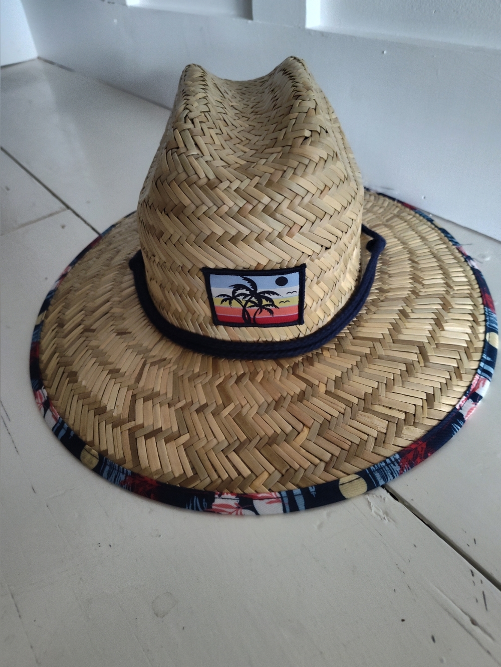 NWT Ozark Trail Straw Sun Hat | Adjustable Strap | Navy Red Tropical Trim | OS